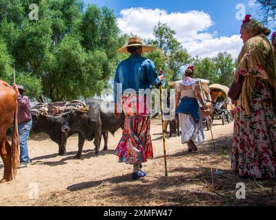 I pellegrini a cavallo si avvicinano attraverso le sabbie del Parco Nazionale di Doñana per raggiungere la loro destinazione nel villaggio di El Rocio ad Almonte alla fine di Foto Stock