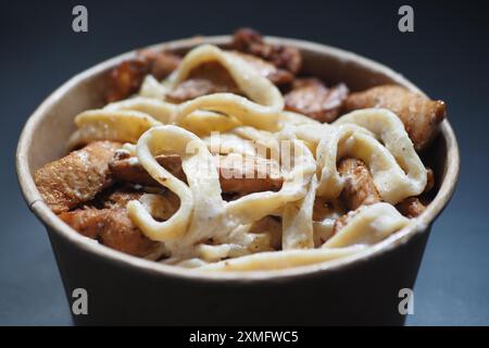 Gusta una deliziosa pasta al pollo Alfredo in un comodo Togo Bowl per un pasto soddisfacente anche in viaggio Foto Stock