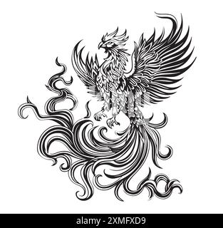 Ritratto curva uccello contorno Phoenix astratto. Logo Phoenix Fantasy Bird Sketch disegnato da una linea. Portra per uccellino Magic Mascot modificabile Line Drawn Illustrazione Vettoriale