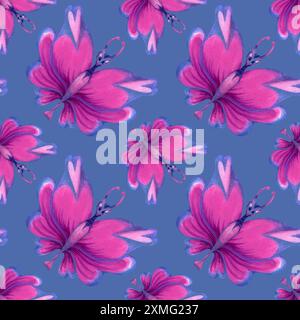 Motivo senza cuciture di farfalle olografiche con cuori rosa sulle ali, foglie tropicali blu-verdi per la vacanza d'amore, il matrimonio, San Valentino da Foto Stock