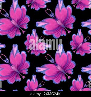Motivo senza cuciture di farfalle olografiche con cuori rosa sulle ali, foglie tropicali blu-verdi per la vacanza d'amore, il matrimonio, San Valentino da Foto Stock