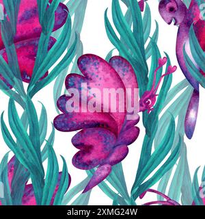 Motivo senza cuciture di farfalle olografiche con cuori rosa sulle ali, foglie tropicali blu-verdi per la vacanza d'amore, il matrimonio, San Valentino da Foto Stock