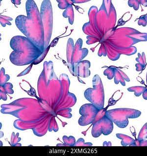Motivo senza cuciture di farfalle olografiche con cuori rosa sulle ali, foglie tropicali blu-verdi per la vacanza d'amore, il matrimonio, San Valentino da Foto Stock