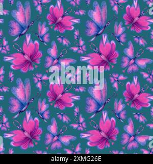 Motivo senza cuciture di farfalle olografiche con cuori rosa sulle ali, foglie tropicali blu-verdi per la vacanza d'amore, il matrimonio, San Valentino da Foto Stock