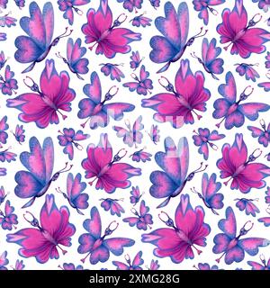 Motivo senza cuciture di farfalle olografiche con cuori rosa sulle ali, foglie tropicali blu-verdi per la vacanza d'amore, il matrimonio, San Valentino da Foto Stock