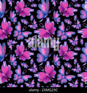 Motivo senza cuciture di farfalle olografiche con cuori rosa sulle ali, foglie tropicali blu-verdi per la vacanza d'amore, il matrimonio, San Valentino da Foto Stock
