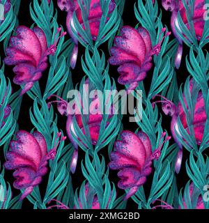 Motivo senza cuciture di farfalle olografiche con cuori rosa sulle ali, foglie tropicali blu-verdi per la vacanza d'amore, il matrimonio, San Valentino da Foto Stock