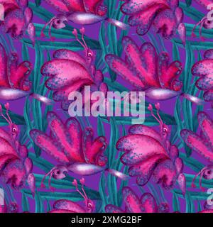 Motivo senza cuciture di farfalle olografiche con cuori rosa sulle ali, foglie tropicali blu-verdi per la vacanza d'amore, il matrimonio, San Valentino da Foto Stock