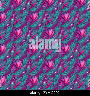 Motivo senza cuciture di farfalle olografiche con cuori rosa sulle ali, foglie tropicali blu-verdi per la vacanza d'amore, il matrimonio, San Valentino da Foto Stock