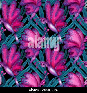 Motivo senza cuciture di farfalle olografiche con cuori rosa sulle ali, foglie tropicali blu-verdi per la vacanza d'amore, il matrimonio, San Valentino da Foto Stock