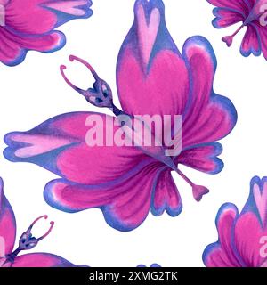 Motivo senza cuciture di farfalle olografiche con cuori rosa sulle ali, foglie tropicali blu-verdi per la vacanza d'amore, il matrimonio, San Valentino da Foto Stock