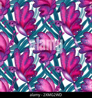 Motivo senza cuciture di farfalle olografiche con cuori rosa sulle ali, foglie tropicali blu-verdi per la vacanza d'amore, il matrimonio, San Valentino da Foto Stock