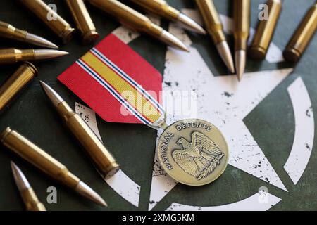 KIEV, UCRAINA - 10 LUGLIO 2024 Medaglia del servizio generale di difesa Nazionale. Medaglia di premio militare degli Stati Uniti con nastro e spilla. Primo piano di oggetti di scena fatti a mano in carta Foto Stock