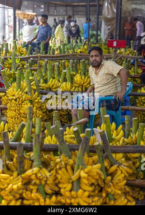 Uomo del Bangladesh che vende banane al Kawran Bazar, Divisione di Dacca, Dacca, Bangladesh Foto Stock