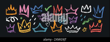 Set di corone disegnate a mano vettoriali isolate su sfondo nero. Il re colorato o il principe diadema forme diverse. Spazzolate gli accessori per la testa della principessa tiara o della regina reale medievale in stile graffiti Illustrazione Vettoriale