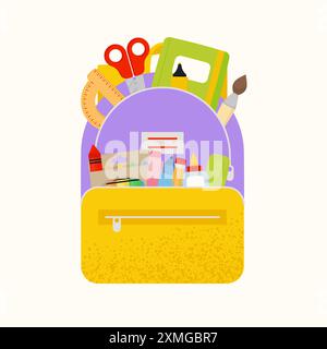 Simpatico zaino per bambini con materiale scolastico. Illustrazione vettoriale Illustrazione Vettoriale