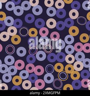 Sfondo del gruppo vettoriale. Grafica batik del gruppo geometria rotonda. Pittura a scarabocchi circolare disegnata a mano. Tratto pennello illustrazione modello di disegno. Senza interruzioni. Concetto di vettore di sfondo. Viola, giallo, rosa Illustrazione Vettoriale