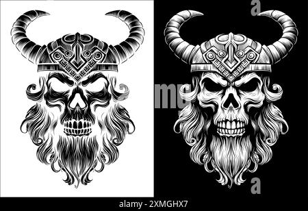 Viking Warrior Skull Man Mascot Face in casco Illustrazione Vettoriale