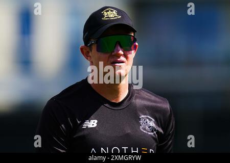 Bristol, Regno Unito, 28 luglio 2024. Josh Shaw del Gloucestershire durante la partita della Metro Bank One-Day Cup tra Gloucestershire ed Essex. Crediti: Robbie Stephenson/Gloucestershire Cricket/Alamy Live News Foto Stock