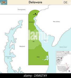 Mappa dello stato del Delaware con i confini delle contee. Il distretto congressuale del Delaware. Bandiera del Delaware. Vettore Illustrazione Vettoriale