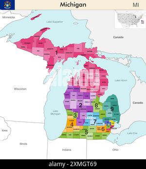 Mappa dello stato del Michigan con i confini delle contee e i confini colorati dei distretti congressuali a causa del censimento degli Stati Uniti del 2020 e che è valida da allora Illustrazione Vettoriale