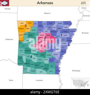 Mappa dello stato dell'Arkansas con i confini delle contee e i confini colorati dei distretti congressuali a causa del censimento degli Stati Uniti del 2020 e che è valida da allora Illustrazione Vettoriale