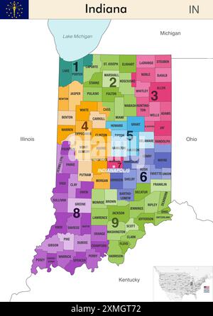 Mappa dello stato dell'Indiana con i confini delle contee e i confini colorati dei distretti congressuali a causa del censimento degli Stati Uniti del 2020 e che è valida dal 2 Illustrazione Vettoriale