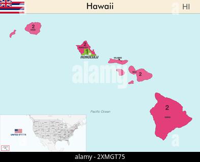 Mappa dello stato delle Hawaii con i nomi delle contee e i confini colorati dei distretti congressuali a causa del censimento degli Stati Uniti del 2020 e che è valida dal 2023 Illustrazione Vettoriale