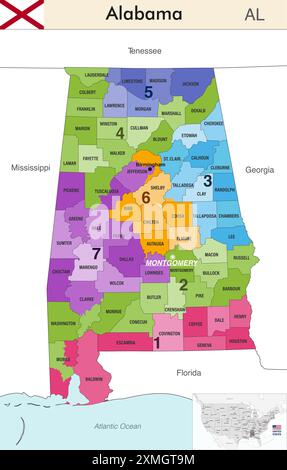 Mappa dello stato dell'Alabama con i confini delle contee e i confini colorati dei distretti congressuali a causa del censimento degli Stati Uniti del 2020 e che è valida da 20 Illustrazione Vettoriale