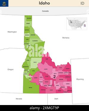 Mappa dello stato dell'Idaho con i confini delle contee e i confini colorati dei distretti congressuali a causa del censimento degli Stati Uniti del 2020 e che è valida dal 202 Illustrazione Vettoriale