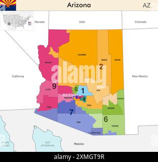 Mappa dello stato dell'Arizona con i confini delle contee e i confini colorati dei distretti congressuali a causa del censimento degli Stati Uniti del 2020 e che è valida dal 2 Illustrazione Vettoriale