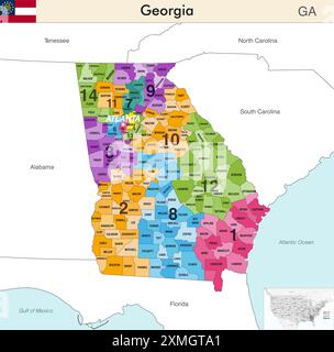 Mappa dello stato della Georgia con i confini delle contee e i confini colorati dei distretti congressuali a causa del censimento degli Stati Uniti del 2020 e che è valida da 20 Illustrazione Vettoriale