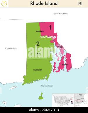 Mappa dello stato del Rhode Island con i confini delle contee e i confini colorati dei distretti congressuali a causa del censimento degli Stati Uniti del 2020 e che è valido si Illustrazione Vettoriale