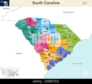 Mappa dello stato della Carolina del Sud con i confini delle contee e i confini colorati dei distretti congressuali a causa del censimento degli Stati Uniti del 2020 e che è valida Illustrazione Vettoriale