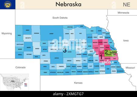 Mappa dello stato del Nebraska con i confini delle contee e i confini colorati dei distretti congressuali a causa del censimento degli Stati Uniti del 2020 e che è valida da allora Illustrazione Vettoriale