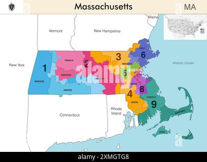 Mappa dello stato del Massachusetts con i confini delle contee e i confini colorati dei distretti congressuali a causa del censimento degli Stati Uniti del 2020 e che è valida S Illustrazione Vettoriale