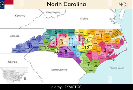 Mappa dello stato della Carolina del Nord con i confini delle contee e i confini colorati dei distretti congressuali a causa del censimento degli Stati Uniti del 2020 e che è valida Illustrazione Vettoriale