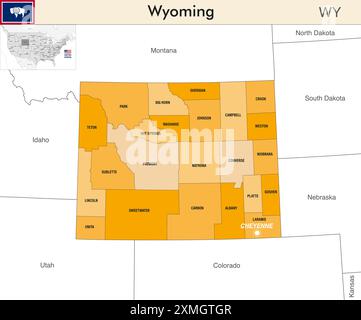 Mappa dello stato del Wyoming con i confini delle contee. Il distretto congressuale più grande del Wyoming. Bandiera del Wyoming. Vettore Illustrazione Vettoriale