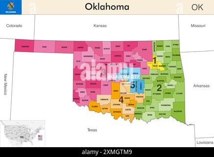 Mappa dello stato dell'Oklahoma con i confini delle contee e i confini colorati dei distretti congressuali a causa del censimento degli Stati Uniti del 2020 e che è valida da allora Illustrazione Vettoriale