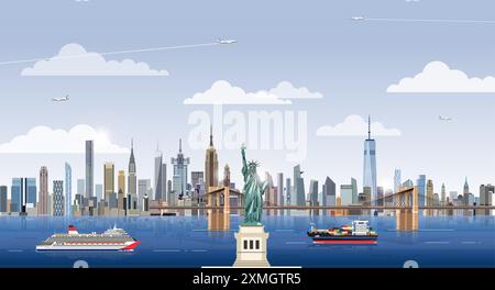 Skyline di New York sullo sfondo di un bellissimo cielo diurno. Illustrazione vettoriale Illustrazione Vettoriale