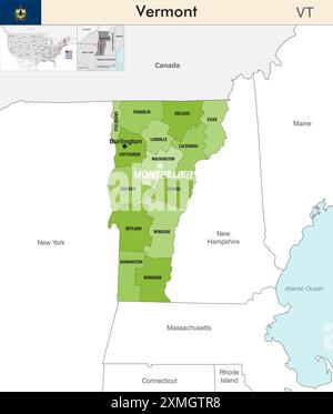 Mappa dello stato del Vermont con i confini delle contee. Il distretto congressuale del Vermont. Bandiera del Vermont. Vettore Illustrazione Vettoriale