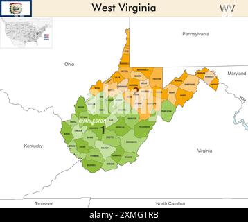 Mappa dello stato della Virginia Occidentale con i confini delle contee e i confini colorati dei distretti congressuali a causa del censimento degli Stati Uniti del 2020 e che è valida S Illustrazione Vettoriale