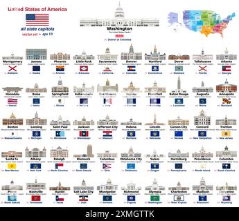 Tutte le capitali degli Stati Uniti. Icone vettoriali dettagliate di tutti gli edifici del campidoglio. Mappa degli Stati Uniti con tutte le capitali di stato accese Illustrazione Vettoriale