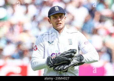 Birmingham, Regno Unito. 28 luglio 2024. Jamie Smith dell'Inghilterra durante l'International test Match Series match tra Inghilterra e Indie occidentali all'Edgbaston Cricket Ground, Birmingham, Inghilterra, il 28 luglio 2024. Foto di Stuart Leggett. Solo per uso editoriale, licenza richiesta per uso commerciale. Non utilizzare in scommesse, giochi o pubblicazioni di singoli club/campionato/giocatori. Crediti: UK Sports Pics Ltd/Alamy Live News Foto Stock