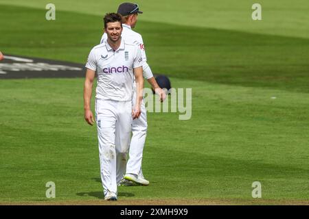 Birmingham, Regno Unito. 28 luglio 2024. Mark Wood dell'Inghilterra durante l'International test Match Series match tra Inghilterra e Indie occidentali all'Edgbaston Cricket Ground, Birmingham, Inghilterra, il 28 luglio 2024. Foto di Stuart Leggett. Solo per uso editoriale, licenza richiesta per uso commerciale. Non utilizzare in scommesse, giochi o pubblicazioni di singoli club/campionato/giocatori. Crediti: UK Sports Pics Ltd/Alamy Live News Foto Stock