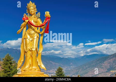 Statue dorate di divinità buddiste femminili al tempio Buddha Dordenma, Kuensel Phodrang Nature Park, Thimphu, Bhutan Foto Stock