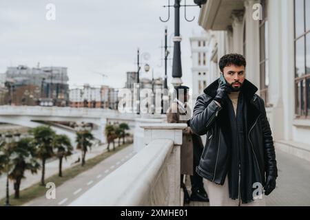 Elegante giovane adulto con barba che usa un cellulare in un ambiente urbano. Lo sfondo suggerisce una giornata fresca e ricoperta in un paesaggio urbano. Foto Stock