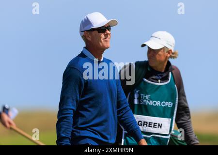 28 luglio 2024; Carnoustie Golf Links, Carnoustie, Angus, Scozia, senior Open Championship, round 4; Richard Green esce dal quarto tee del Championship Links, Carnoustie durante l'ultimo round del Senior Open presentato da Rolex Foto Stock