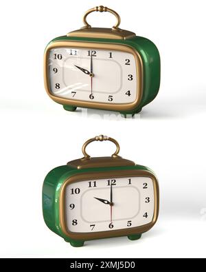 Orologio da tavolo in stile vintage anni '50 astratto, verde smeraldo con cornice e manico in bronzo, isolato su sfondo bianco, illustrazione con rendering 3d. Foto Stock