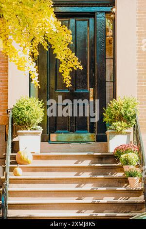 Brooklyn, New York, USA, 20 ottobre 2023. Decorazione con zucche fuori per Halloween Foto Stock